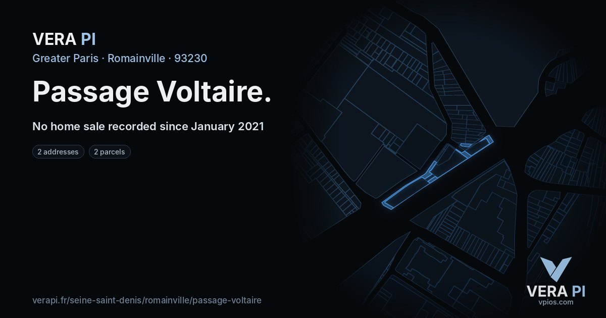 Passage Voltaire, Romainville at night – every parcel coloured by the prices around it, the street's own parcels lit