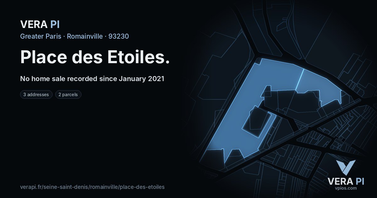 Place des Etoiles, Romainville at night – every parcel coloured by the prices around it, the street's own parcels lit