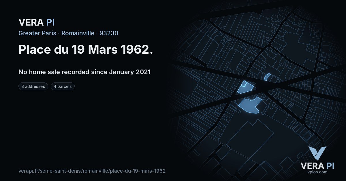Place du 19 Mars 1962, Romainville at night – every parcel coloured by the prices around it, the street's own parcels lit