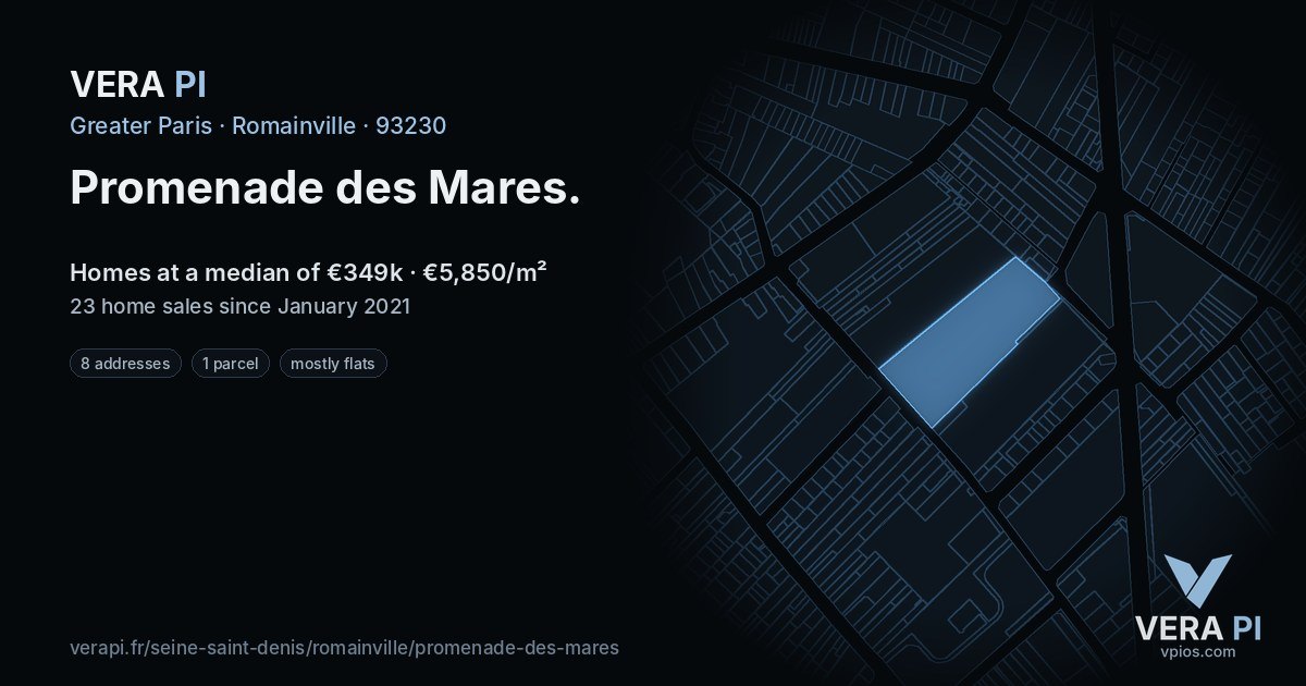 Promenade des Mares, Romainville at night – every parcel coloured by the prices around it, the street's own parcels lit