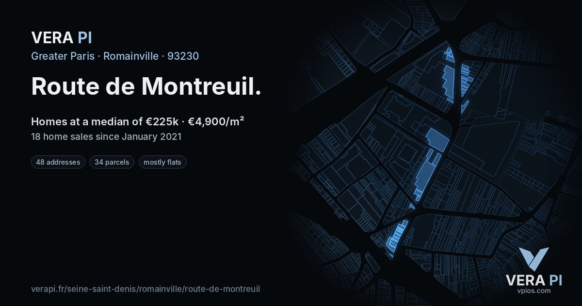 Route de Montreuil, Romainville at night – every parcel coloured by the prices around it, the street's own parcels lit