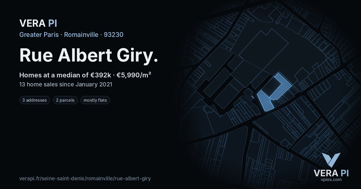Rue Albert Giry, Romainville at night – every parcel coloured by the prices around it, the street's own parcels lit