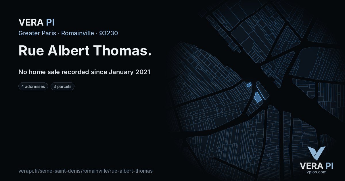 Rue Albert Thomas, Romainville at night – every parcel coloured by the prices around it, the street's own parcels lit