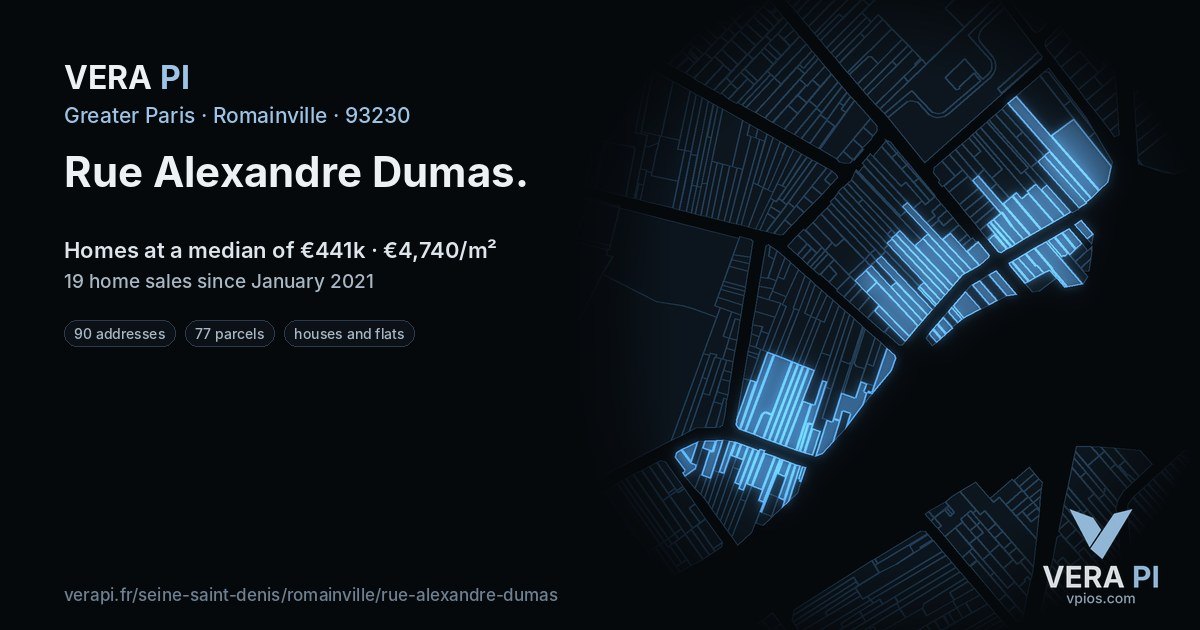 Rue Alexandre Dumas, Romainville at night – every parcel coloured by the prices around it, the street's own parcels lit