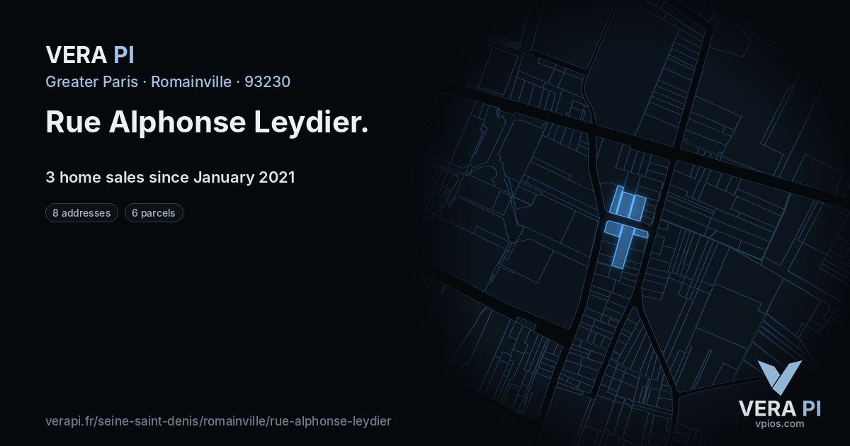 Rue Alphonse Leydier, Romainville at night – every parcel coloured by the prices around it, the street's own parcels lit