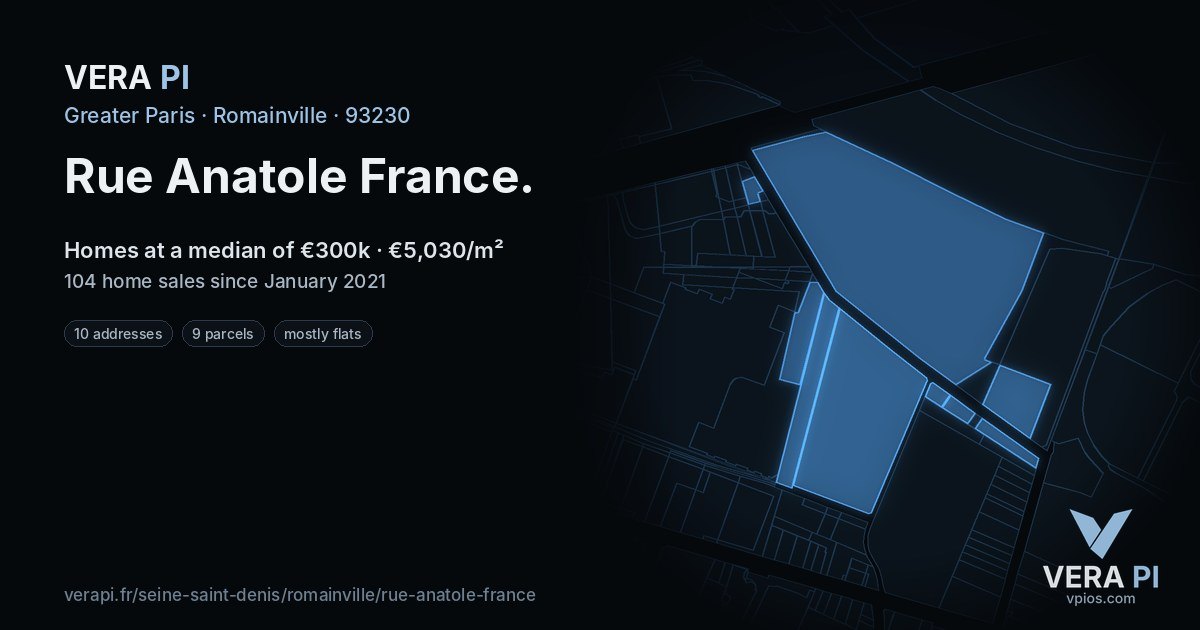 Rue Anatole France, Romainville at night – every parcel coloured by the prices around it, the street's own parcels lit
