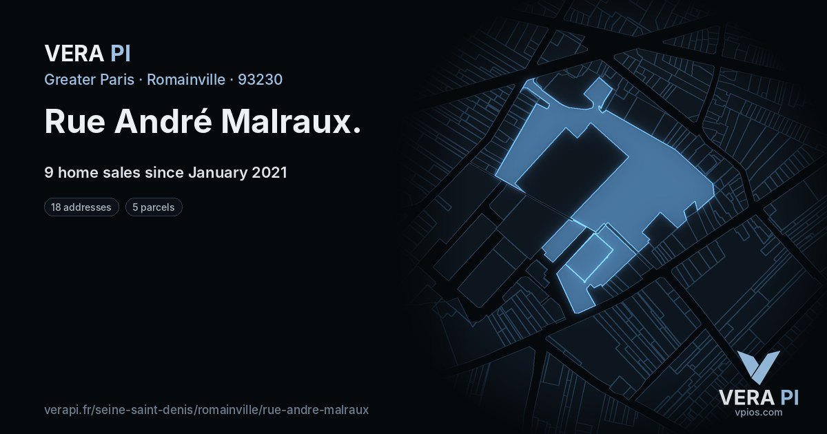 Rue André Malraux, Romainville at night – every parcel coloured by the prices around it, the street's own parcels lit