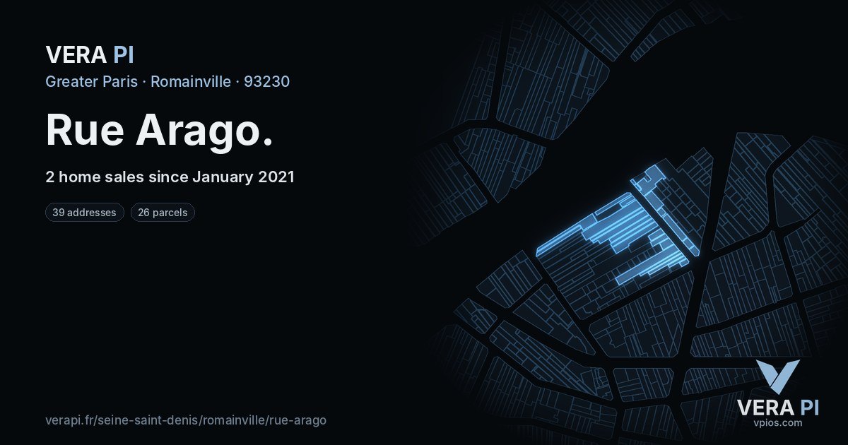 Rue Arago, Romainville at night – every parcel coloured by the prices around it, the street's own parcels lit
