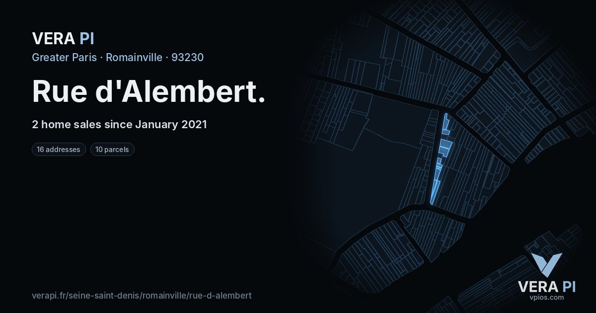 Rue d'Alembert, Romainville at night – every parcel coloured by the prices around it, the street's own parcels lit