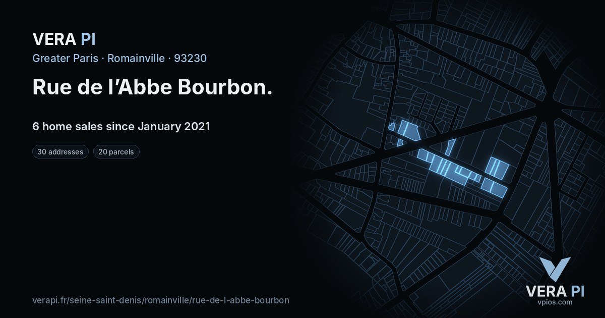 Rue de l’Abbe Bourbon, Romainville at night – every parcel coloured by the prices around it, the street's own parcels lit