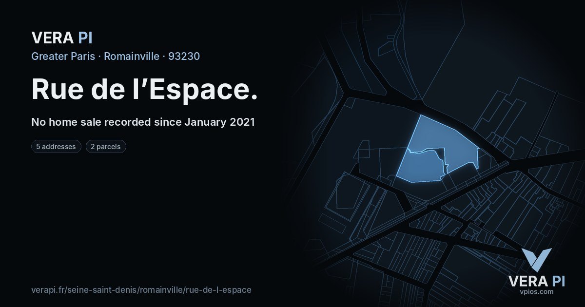 Rue de l’Espace, Romainville at night – every parcel coloured by the prices around it, the street's own parcels lit