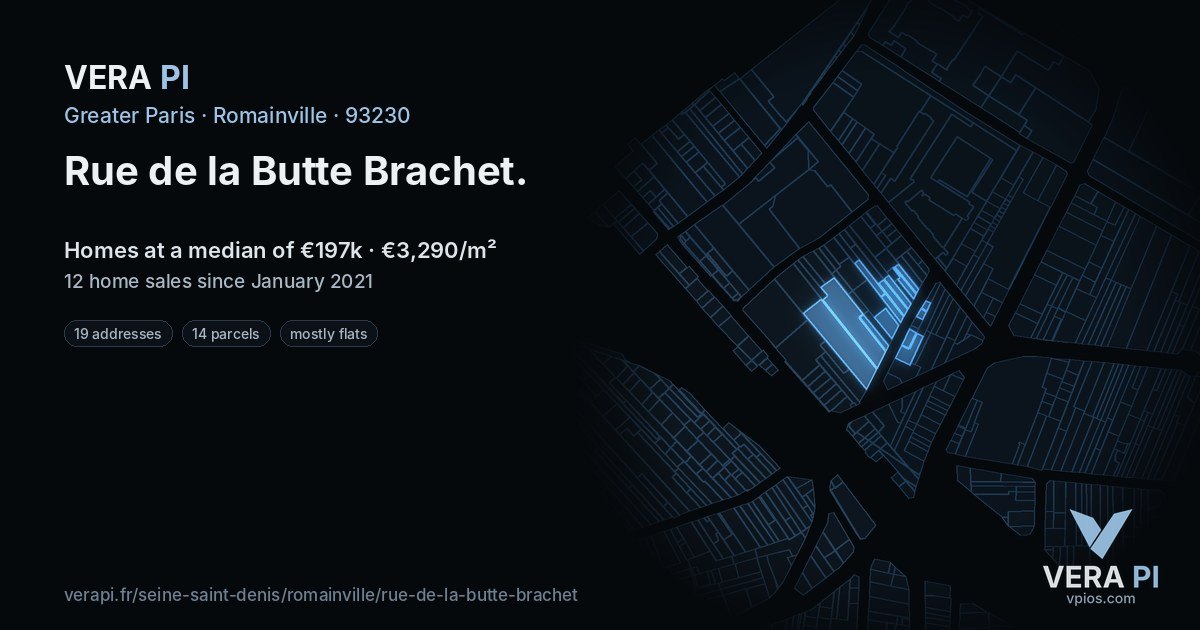 Rue de la Butte Brachet, Romainville at night – every parcel coloured by the prices around it, the street's own parcels lit