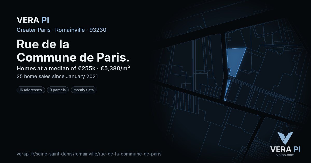 Rue de la Commune de Paris, Romainville at night – every parcel coloured by the prices around it, the street's own parcels lit