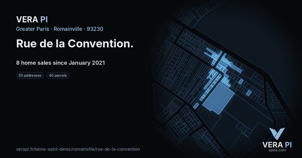 Rue de la Convention, Romainville at night – every parcel coloured by the prices around it, the street's own parcels lit