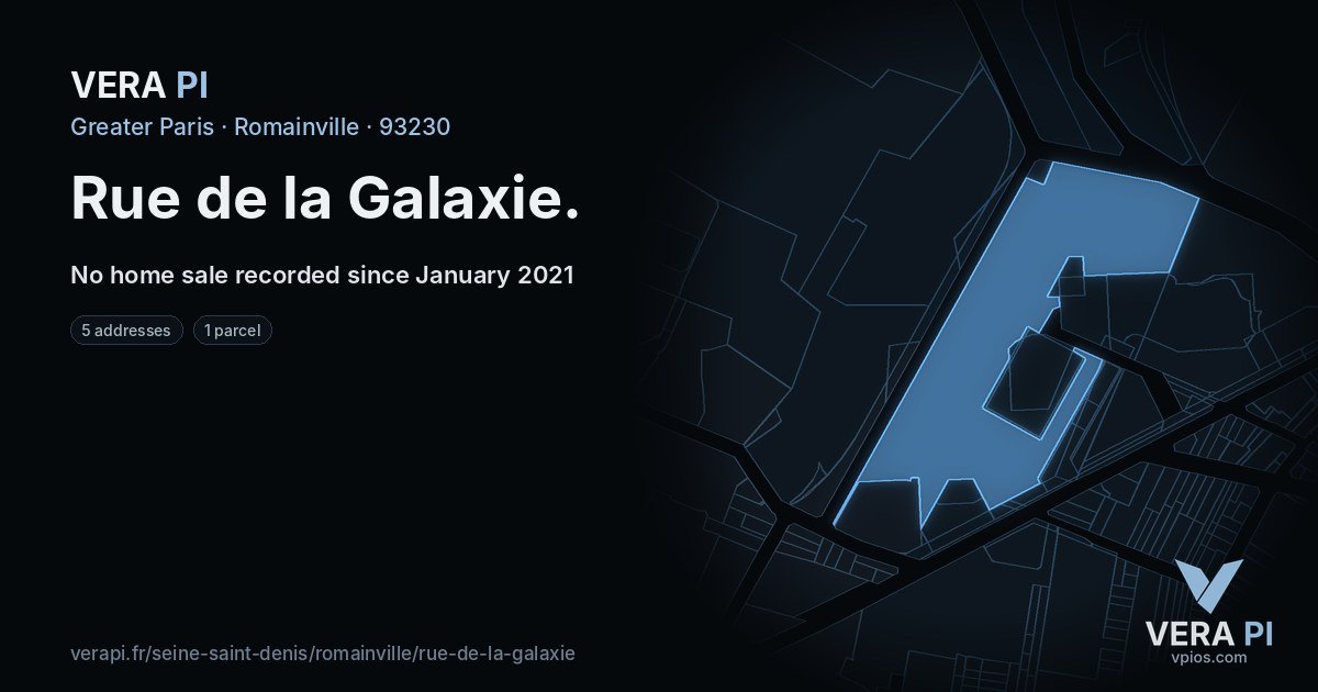 Rue de la Galaxie, Romainville at night – every parcel coloured by the prices around it, the street's own parcels lit