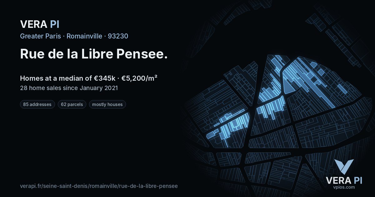 Rue de la Libre Pensee, Romainville at night – every parcel coloured by the prices around it, the street's own parcels lit