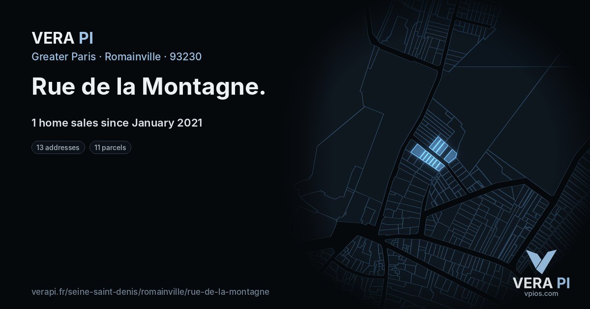 Rue de la Montagne, Romainville at night – every parcel coloured by the prices around it, the street's own parcels lit