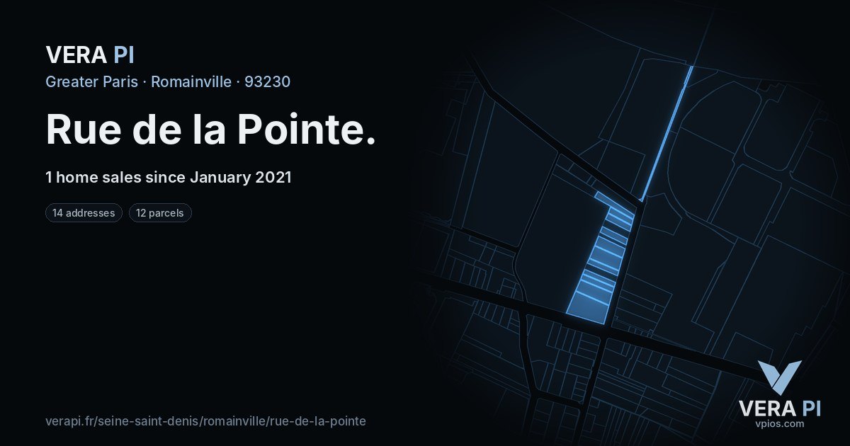 Rue de la Pointe, Romainville at night – every parcel coloured by the prices around it, the street's own parcels lit