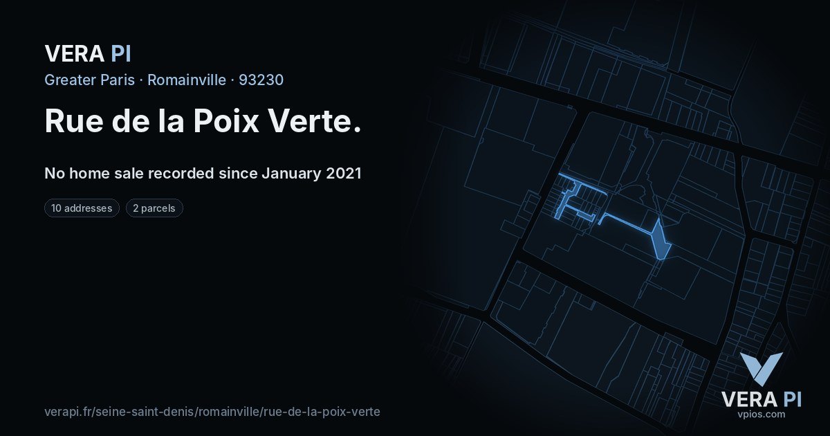 Rue de la Poix Verte, Romainville at night – every parcel coloured by the prices around it, the street's own parcels lit