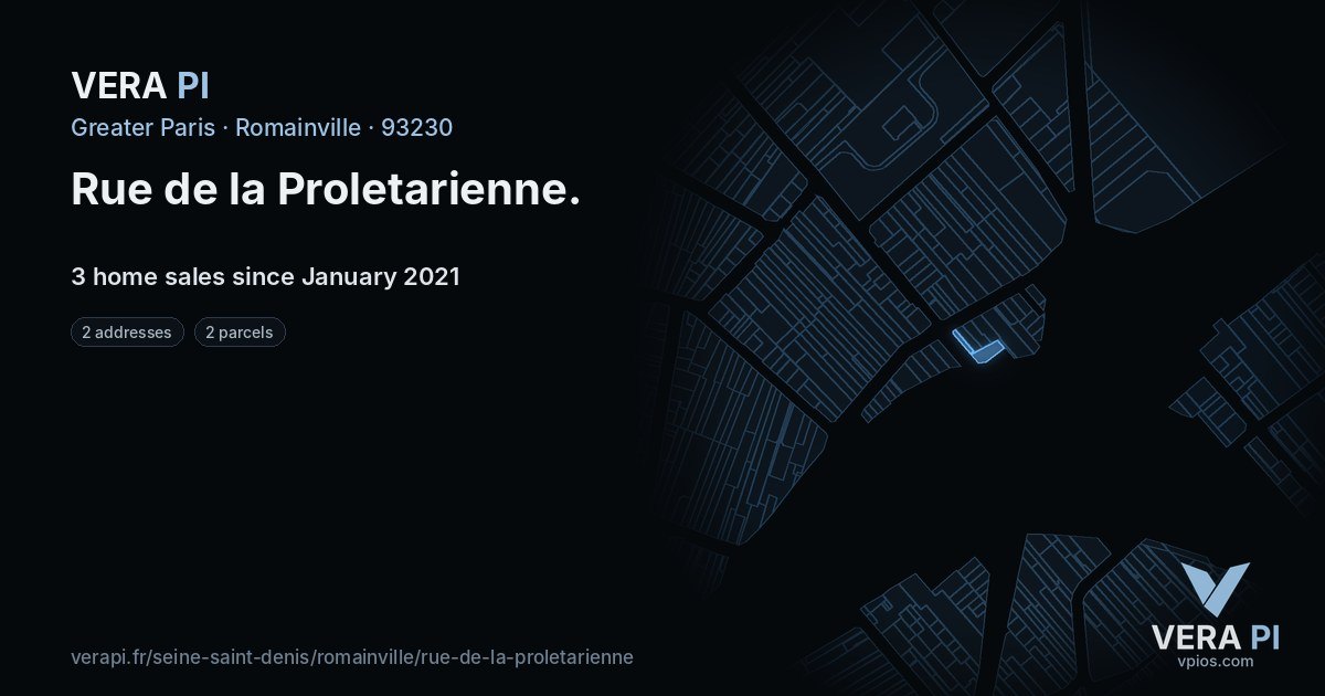 Rue de la Proletarienne, Romainville at night – every parcel coloured by the prices around it, the street's own parcels lit