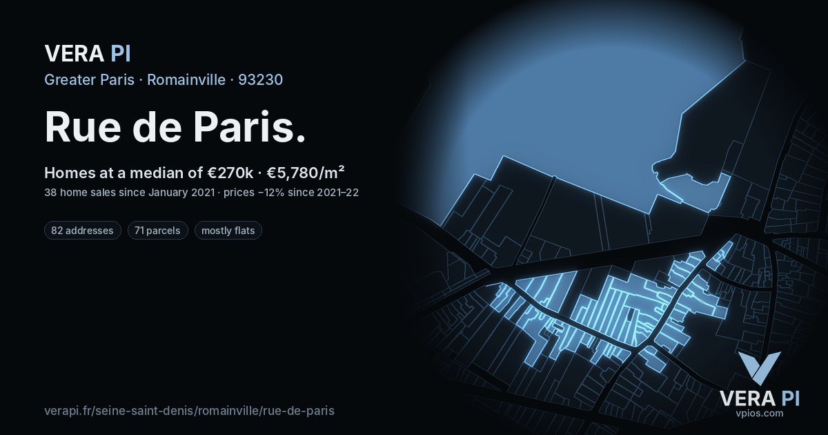 Rue de Paris, Romainville at night – every parcel coloured by the prices around it, the street's own parcels lit
