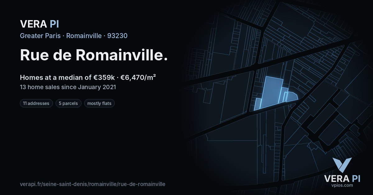 Rue de Romainville, Romainville at night – every parcel coloured by the prices around it, the street's own parcels lit
