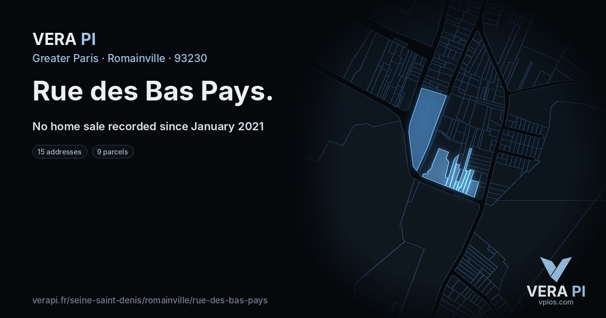 Rue des Bas Pays, Romainville at night – every parcel coloured by the prices around it, the street's own parcels lit