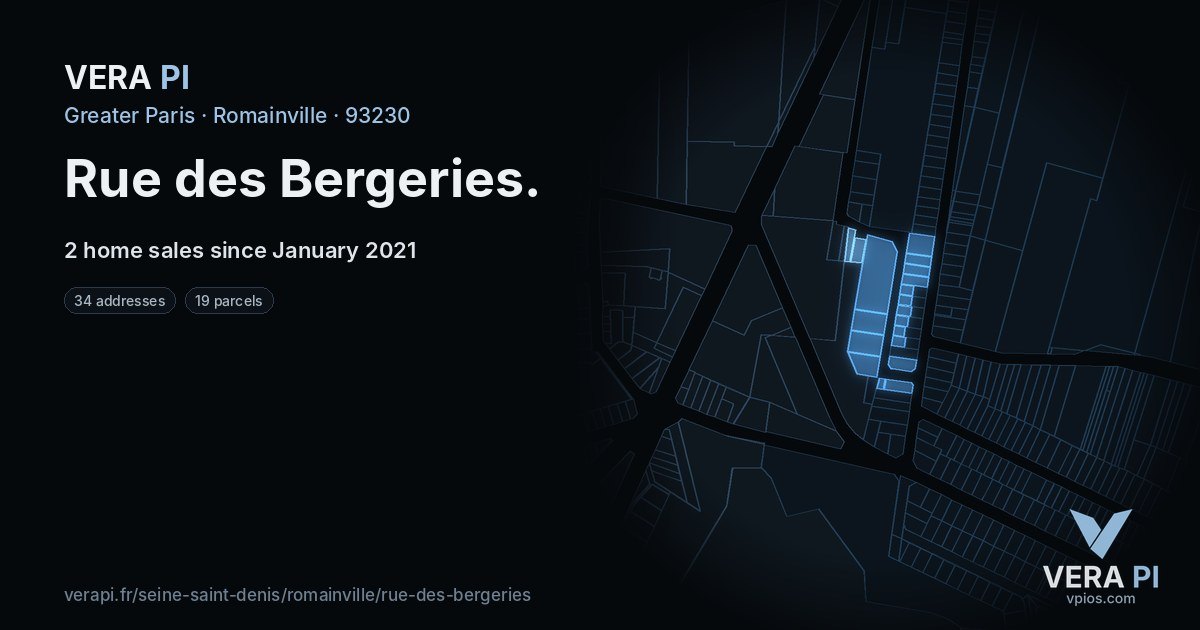 Rue des Bergeries, Romainville at night – every parcel coloured by the prices around it, the street's own parcels lit