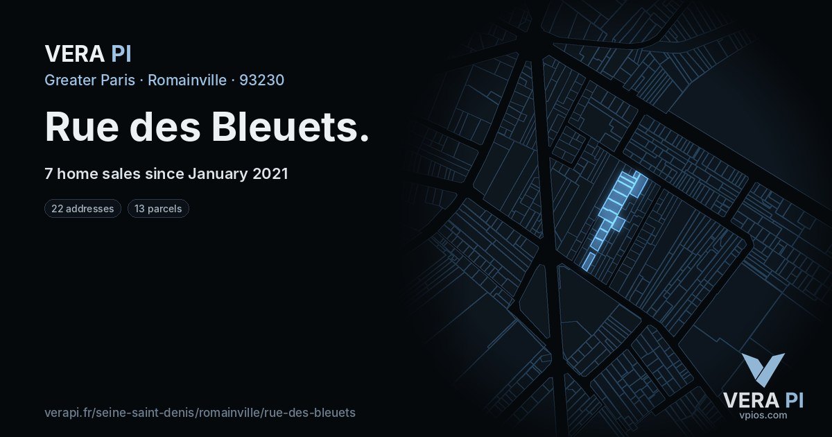 Rue des Bleuets, Romainville at night – every parcel coloured by the prices around it, the street's own parcels lit