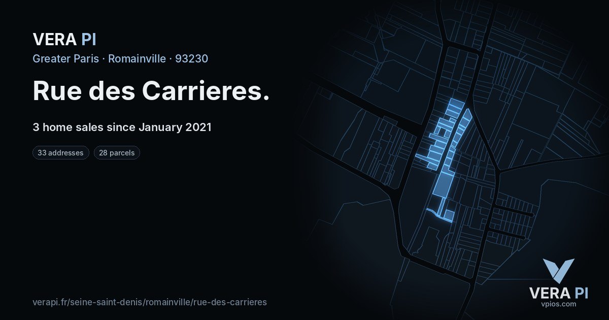 Rue des Carrieres, Romainville at night – every parcel coloured by the prices around it, the street's own parcels lit