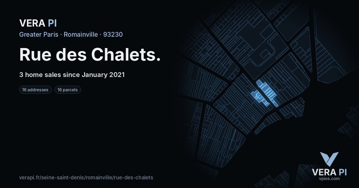 Rue des Chalets, Romainville at night – every parcel coloured by the prices around it, the street's own parcels lit