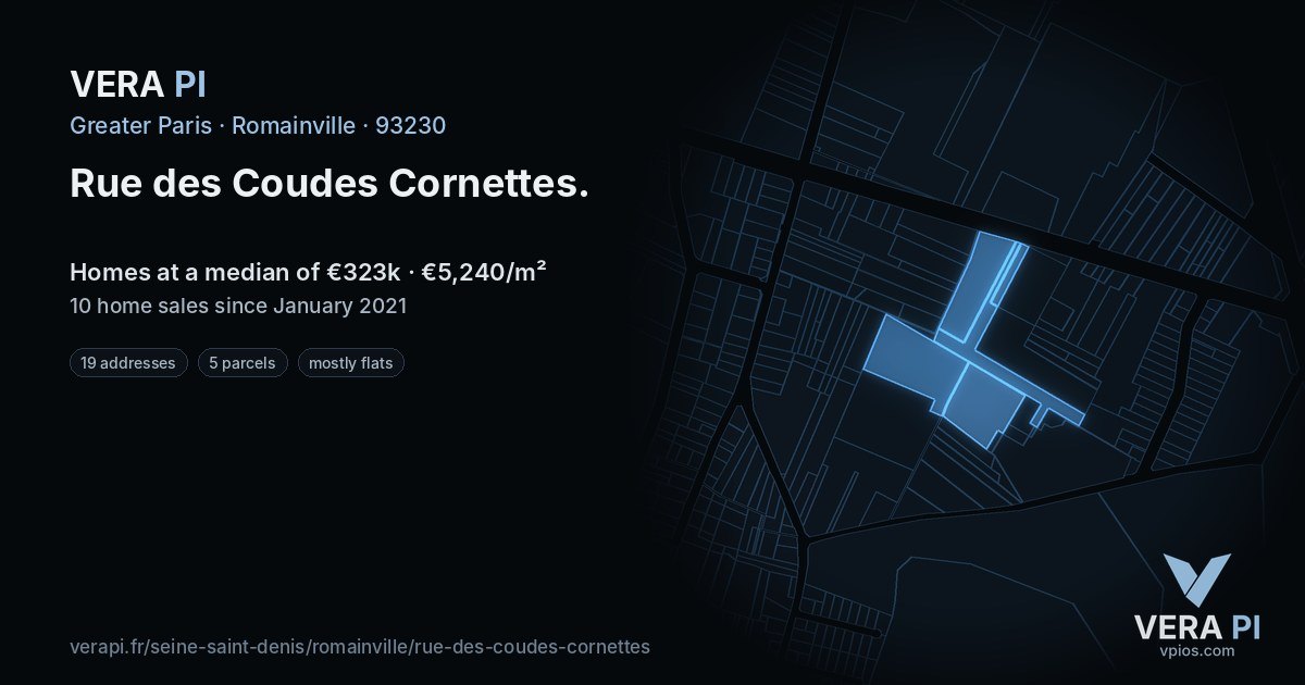 Rue des Coudes Cornettes, Romainville at night – every parcel coloured by the prices around it, the street's own parcels lit