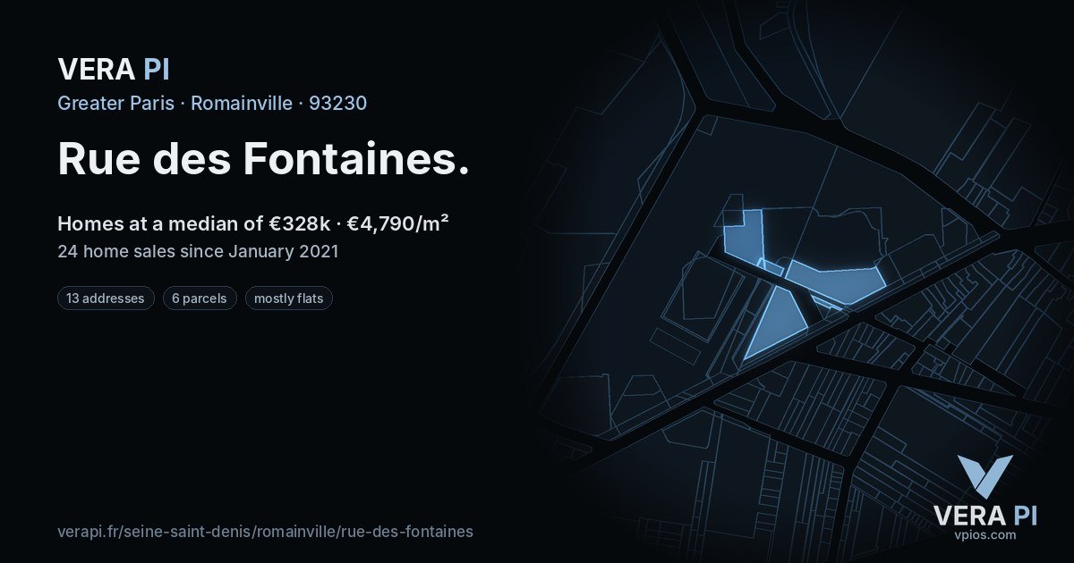 Rue des Fontaines, Romainville at night – every parcel coloured by the prices around it, the street's own parcels lit