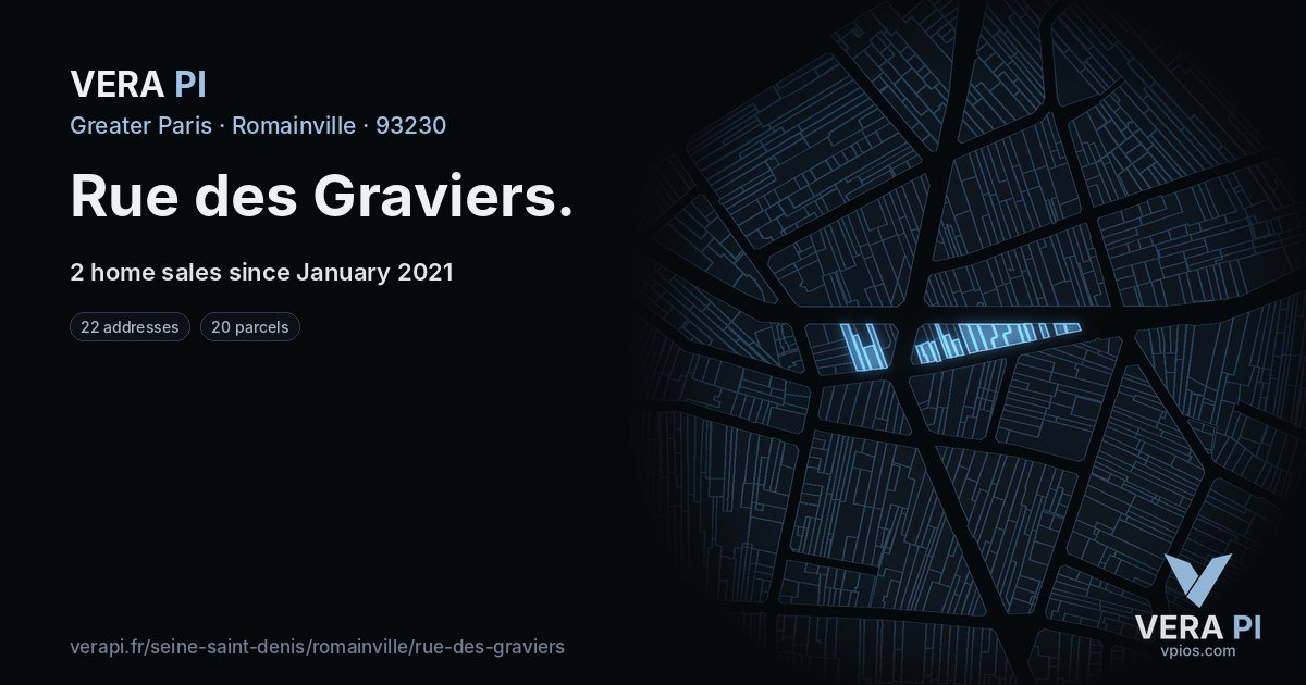 Rue des Graviers, Romainville at night – every parcel coloured by the prices around it, the street's own parcels lit