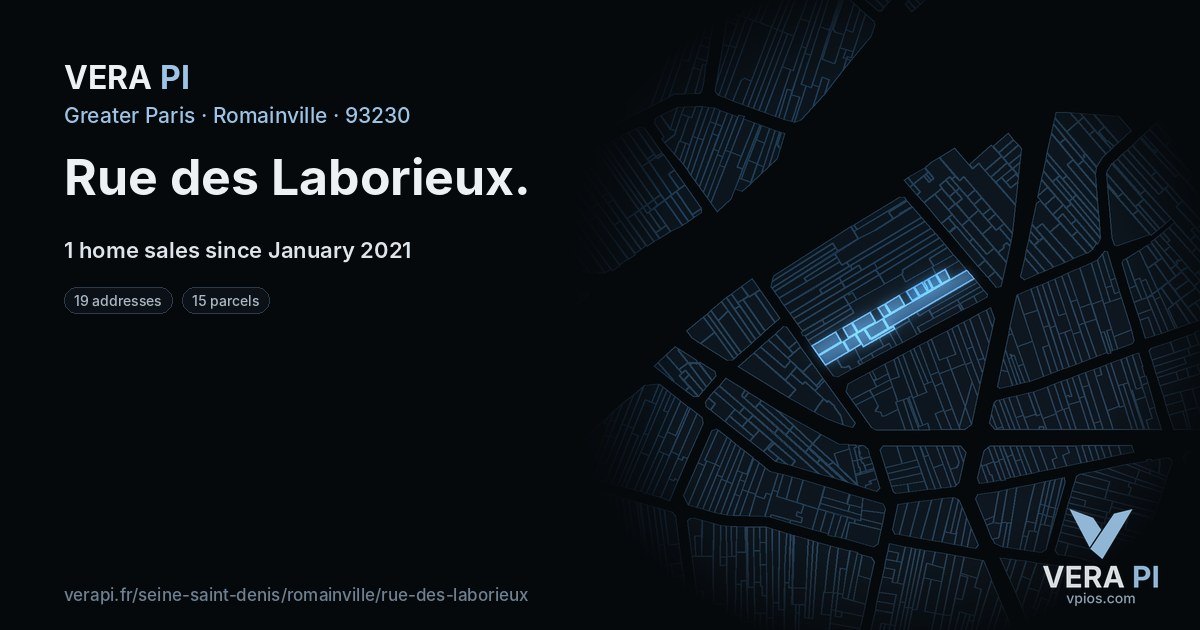 Rue des Laborieux, Romainville at night – every parcel coloured by the prices around it, the street's own parcels lit