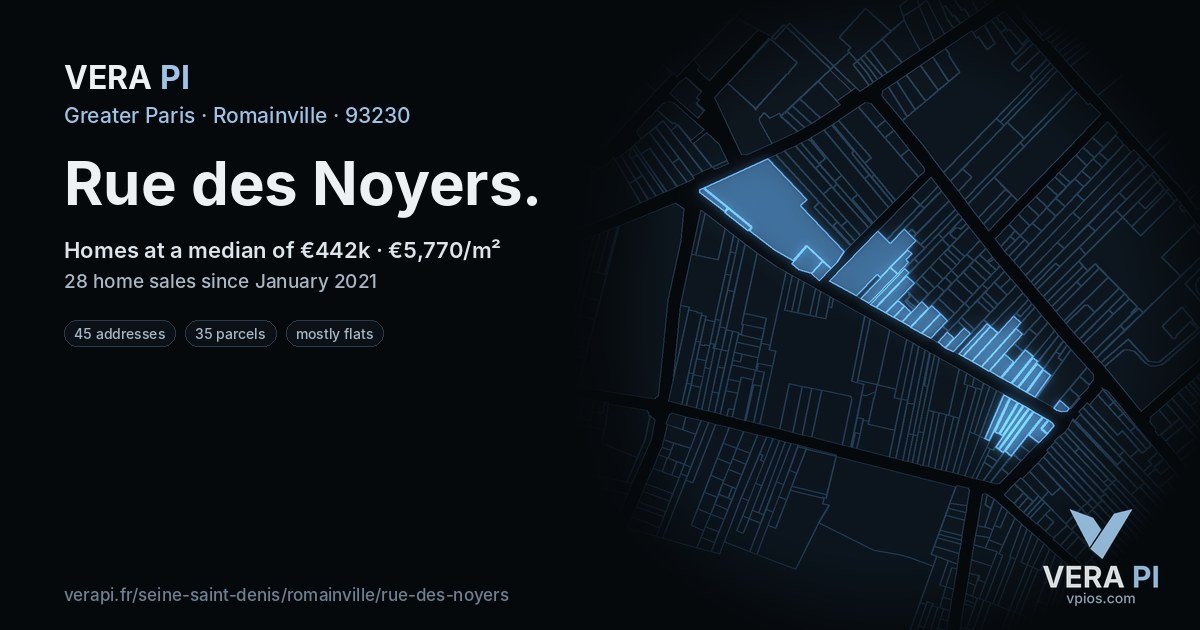 Rue des Noyers, Romainville at night – every parcel coloured by the prices around it, the street's own parcels lit