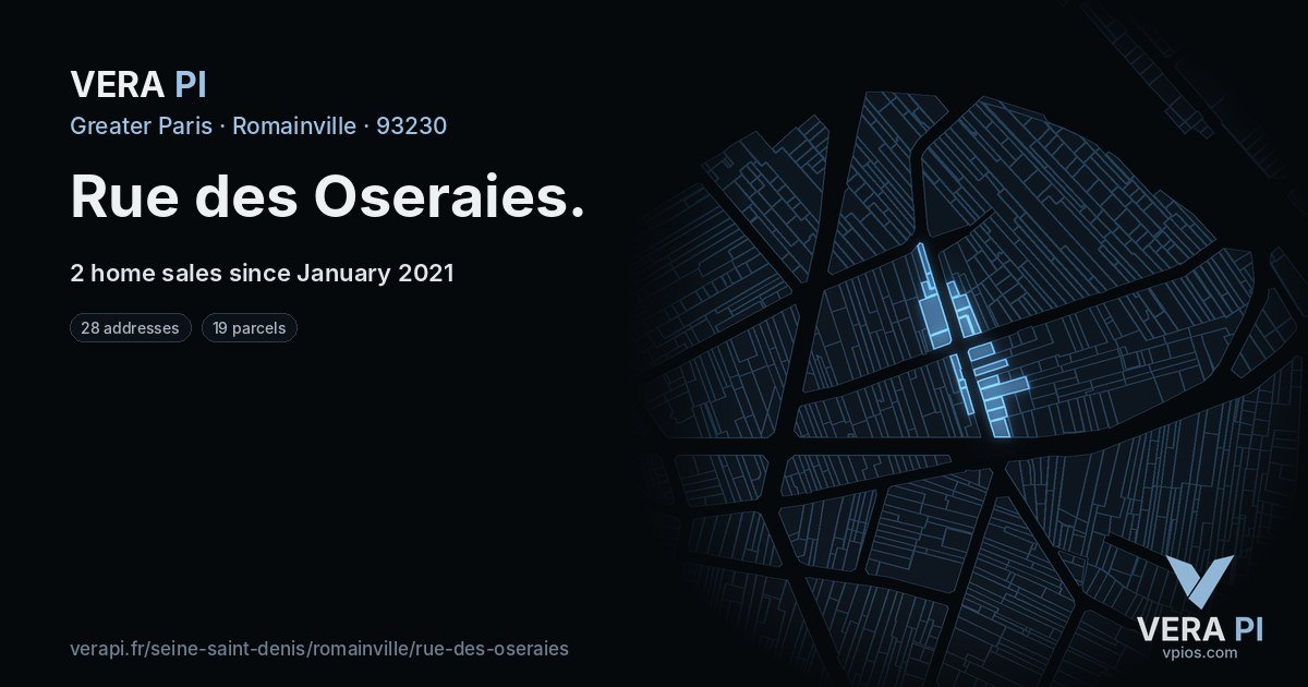 Rue des Oseraies, Romainville at night – every parcel coloured by the prices around it, the street's own parcels lit