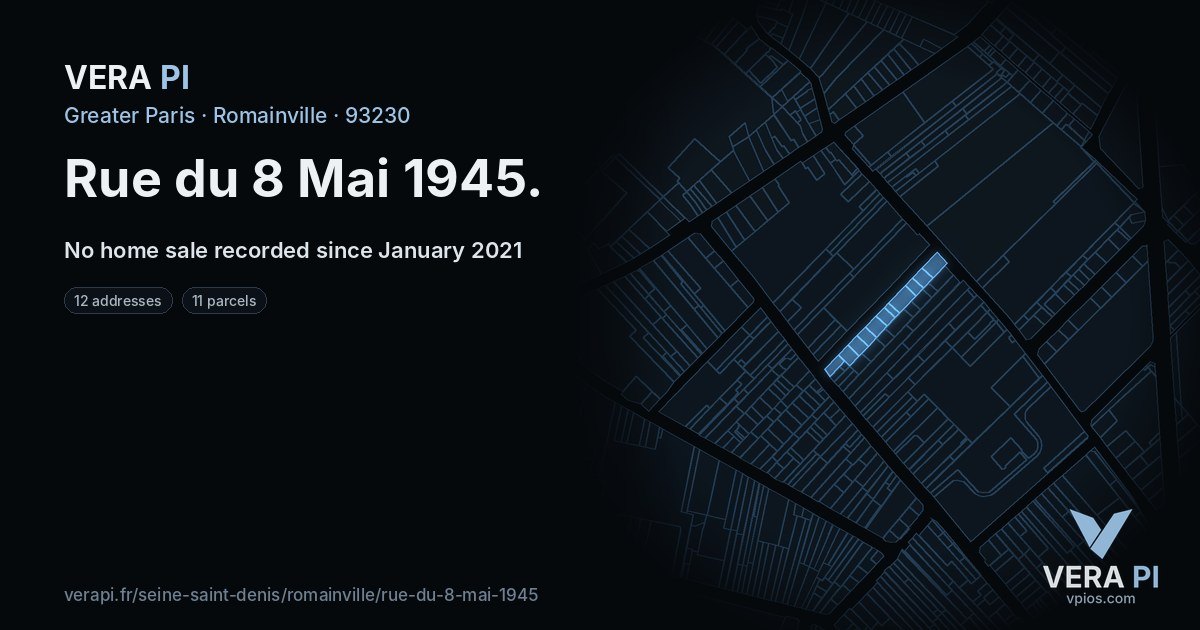 Rue du 8 Mai 1945, Romainville at night – every parcel coloured by the prices around it, the street's own parcels lit