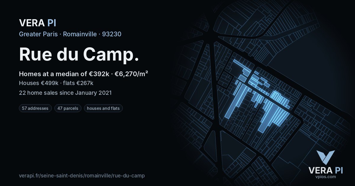 Rue du Camp, Romainville at night – every parcel coloured by the prices around it, the street's own parcels lit