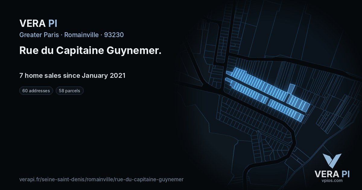 Rue du Capitaine Guynemer, Romainville at night – every parcel coloured by the prices around it, the street's own parcels lit