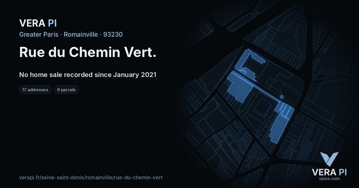 Rue du Chemin Vert, Romainville at night – every parcel coloured by the prices around it, the street's own parcels lit