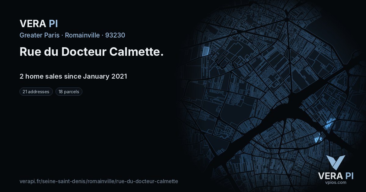 Rue du Docteur Calmette, Romainville at night – every parcel coloured by the prices around it, the street's own parcels lit