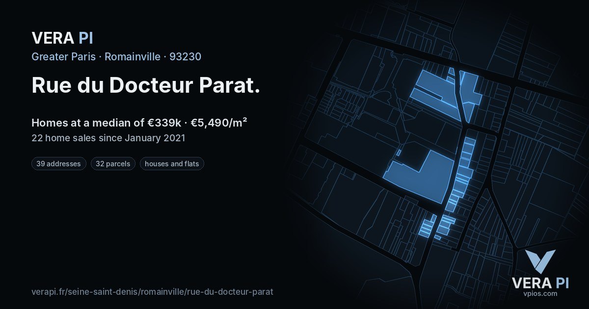 Rue du Docteur Parat, Romainville at night – every parcel coloured by the prices around it, the street's own parcels lit