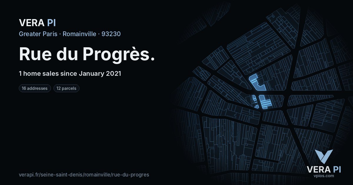 Rue du Progrès, Romainville at night – every parcel coloured by the prices around it, the street's own parcels lit