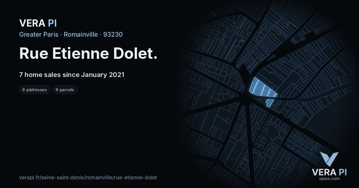 Rue Etienne Dolet, Romainville at night – every parcel coloured by the prices around it, the street's own parcels lit