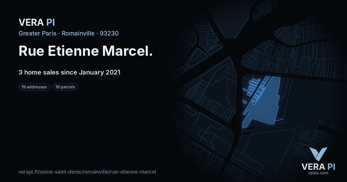 Rue Etienne Marcel, Romainville at night – every parcel coloured by the prices around it, the street's own parcels lit