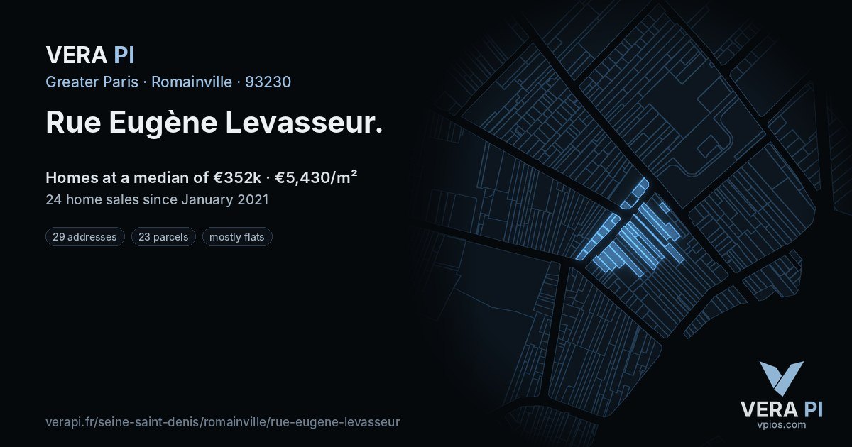 Rue Eugène Levasseur, Romainville at night – every parcel coloured by the prices around it, the street's own parcels lit