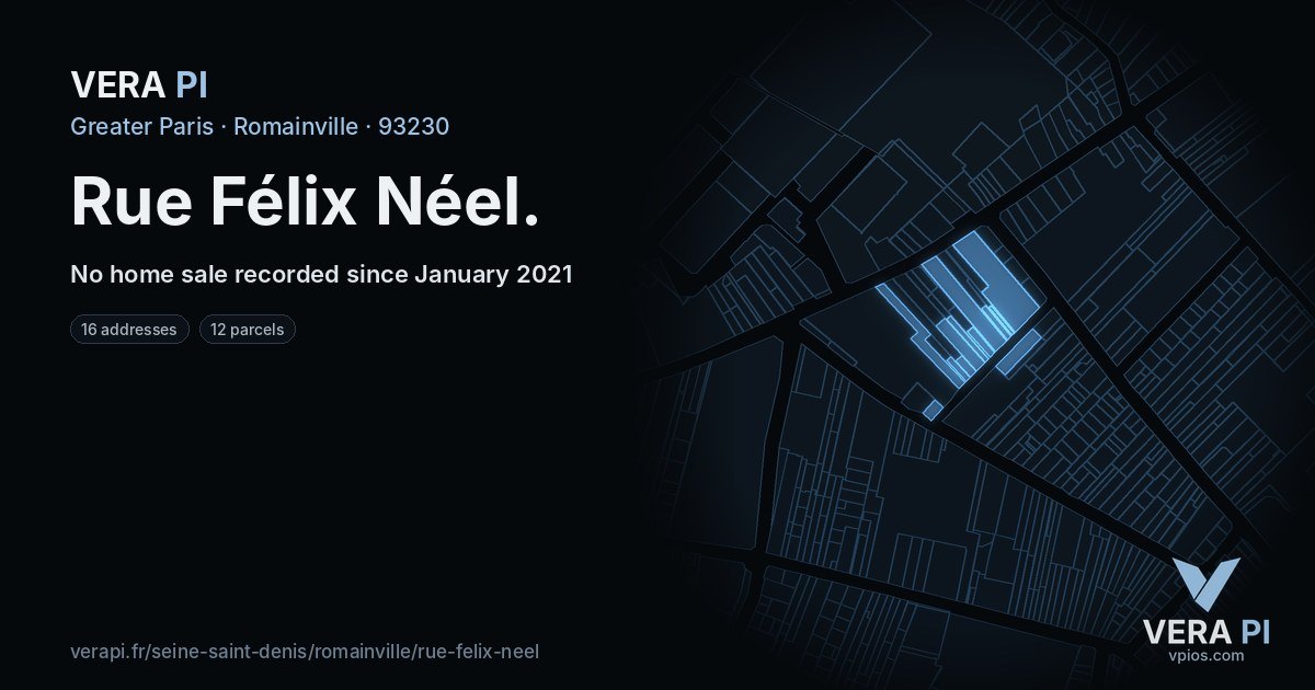 Rue Félix Néel, Romainville at night – every parcel coloured by the prices around it, the street's own parcels lit
