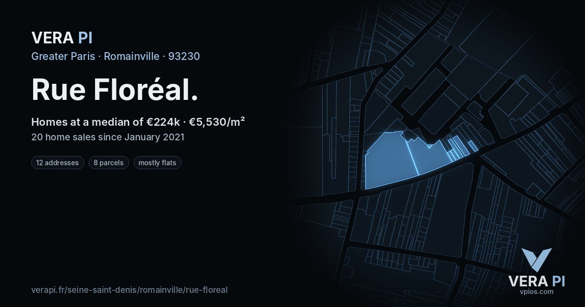 Rue Floréal, Romainville at night – every parcel coloured by the prices around it, the street's own parcels lit