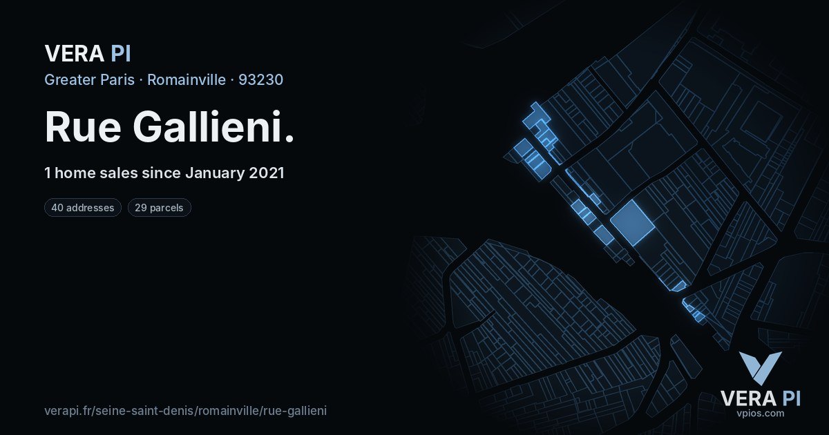 Rue Gallieni, Romainville at night – every parcel coloured by the prices around it, the street's own parcels lit